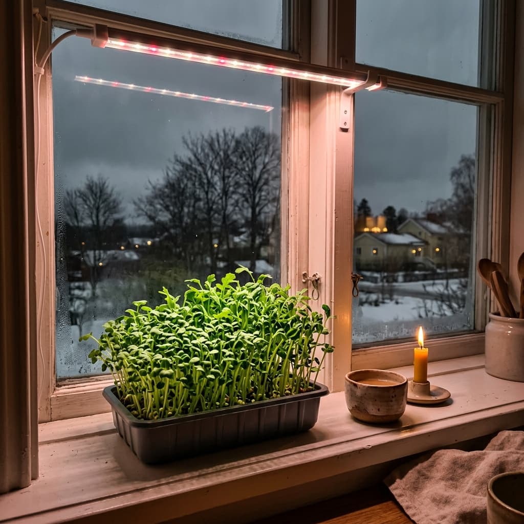 Fresh pea shoot microgreens grown by Anna