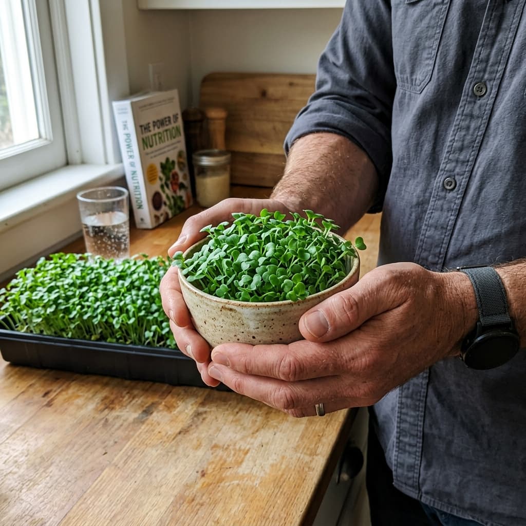 Fresh broccoli and radish microgreens grown by James