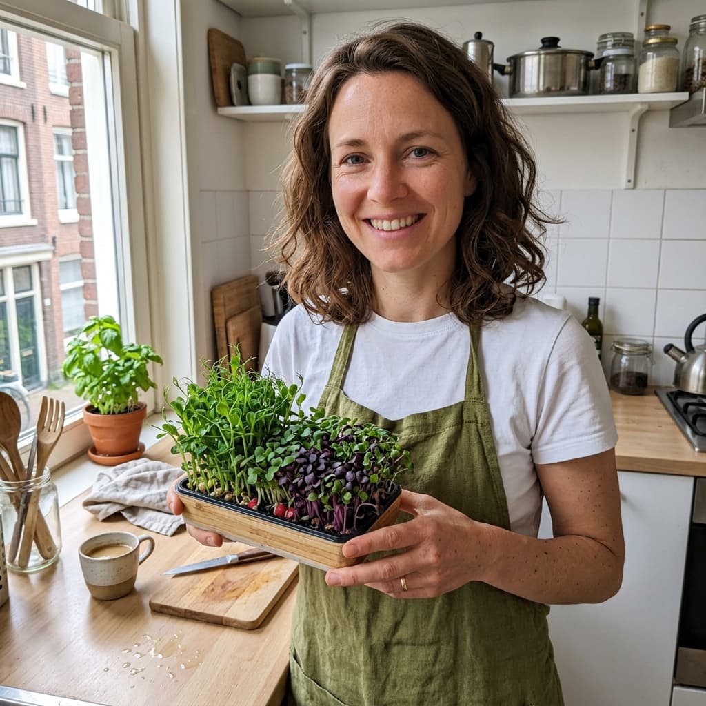 Woman with microgreens tray