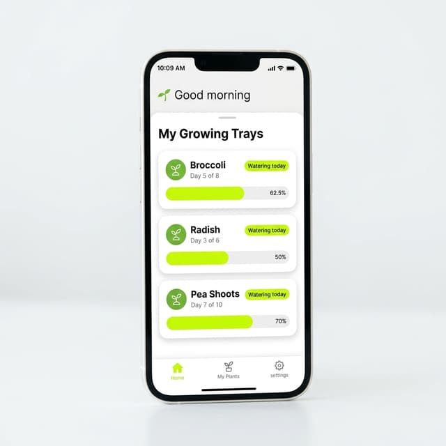 Microgreens Mastery app dashboard showing growing tray tracking